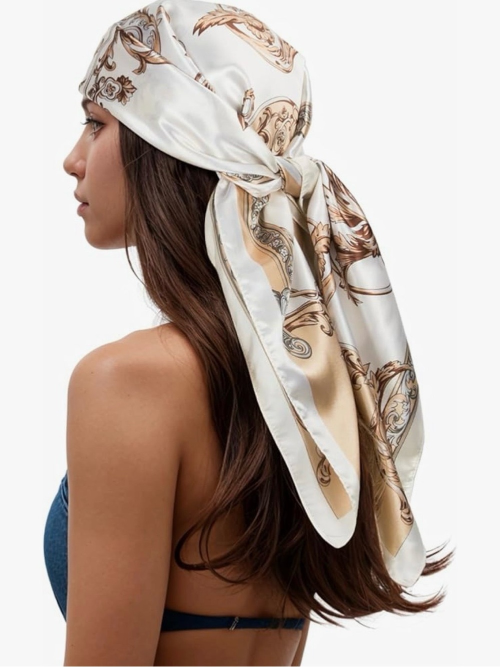 Cream & Gold Baroque Satin-Look Square Head Scarf Bandana 35” x 35”